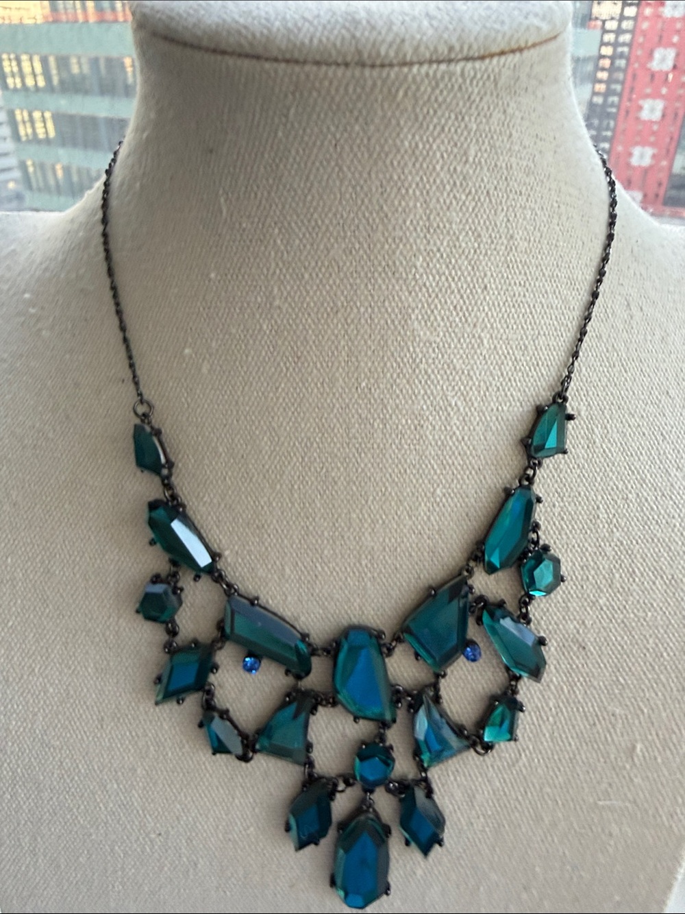 Bib Necklace with Jagged multi shaped Faceted Teal Blue Resin Stones/Gunmetal.